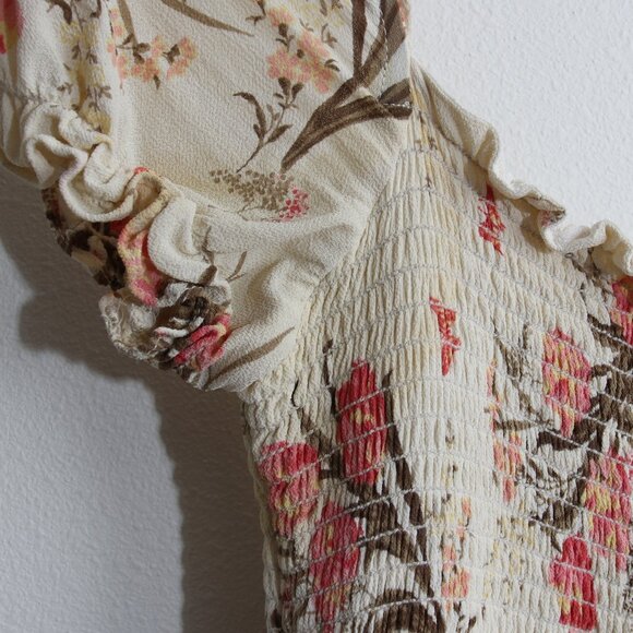 Reformation Leila Ivory Pink Floral Print Inka Midi Dress Smocked Slit Crepe XL - Picture 5 of 16